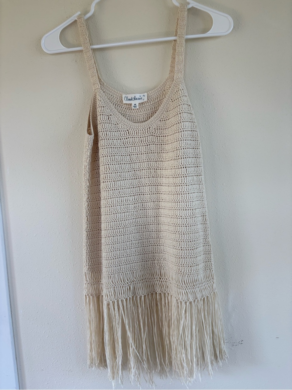 Cloud Chaser Crochet Knit Fringe Cover Up Tank Dress Boho Beach Women’s M